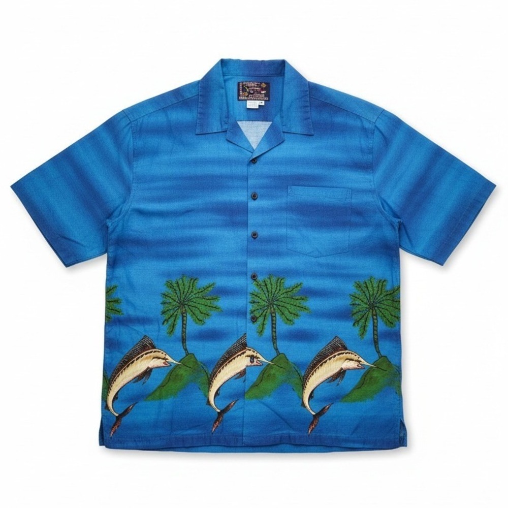 Basix Hawaiian Shirt Blue Marlin Palm Tree Cotton Camp Button Down, Men's Medium